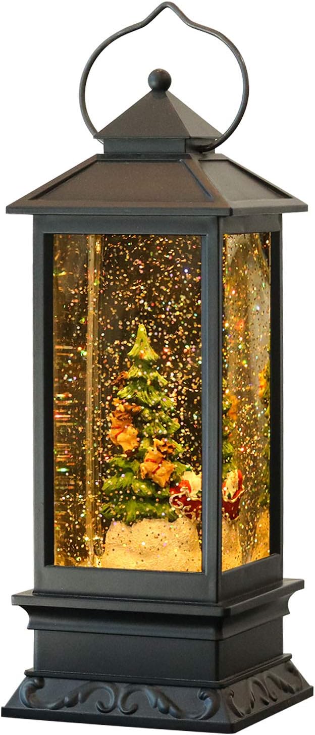 Wondise Lighted Musical Snow Globe Lantern with 6 Hour Timer, 12 Inches USB Powered & Battery Operated Spinning Water and Swirling Glitter Christmas Snow Globe Lantern Gifts(Santa and Tree)