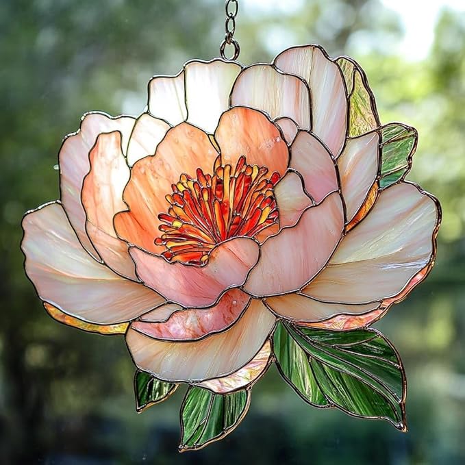 Peony November Birth Month Flower Acrylic Suncatcher, Flower Suncatchers for Window Hangings, Stained Glass Effect Garden Decor, Gift for Mother's Day, Mom, Grandma, Wife, Women