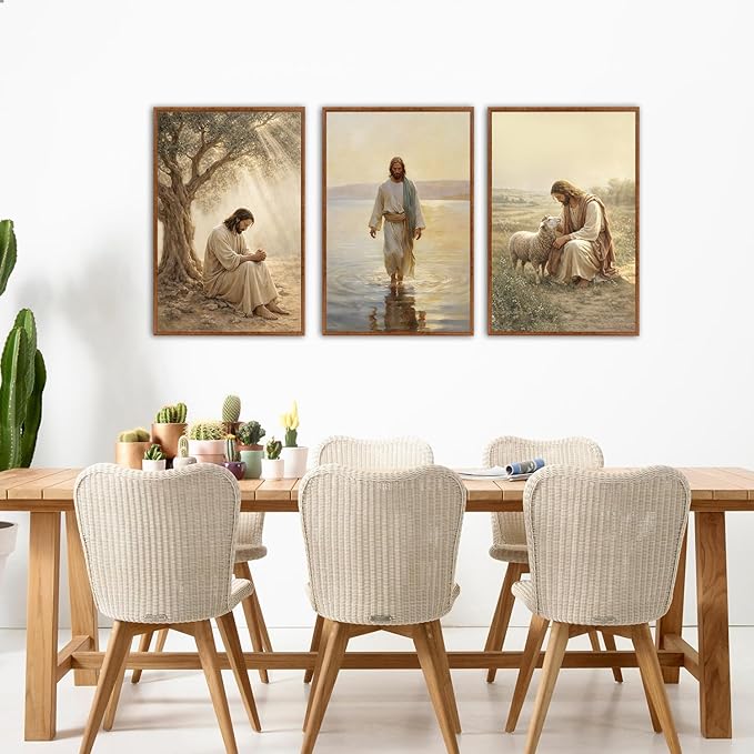 KAlRNE Vintage Christian Framed Canvas Wall Art Set of 3(24”X36”),Jesus Bible Story Wall Decor,Spiritual Religious God Painting,Neutral Inspirational Beige Art Prints For Living Room Bedroom Church