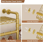 Wall Mounted Garment Rack, Industrial Pipe Metal Clothing Rack with 6 Hanging Rods (4 Expandable) & 8 Shelves, Closet Organizers and Storage System for Bedroom, Walk in Closet