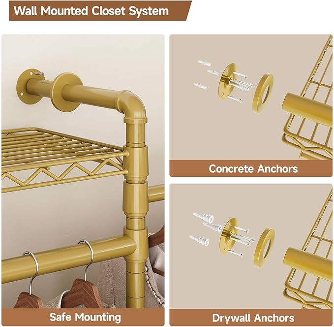 Wall Mounted Garment Rack, Industrial Pipe Metal Clothing Rack with 6 Hanging Rods (4 Expandable) & 8 Shelves, Closet Organizers and Storage System for Bedroom, Walk in Closet