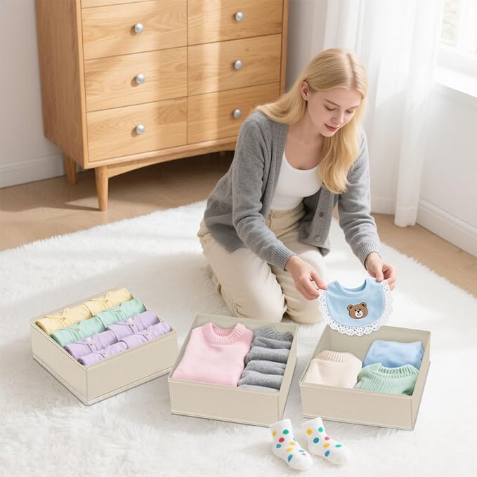 Drawer Organizer Clothes & Dresser Organizers - 12 Pack Foldable Drawer Dividers, Baby Clothes Organizer & Nursery Storage for Sock, Underwear, Bra, Belt, Closet and Dresser Drawer Organizers (Beige)