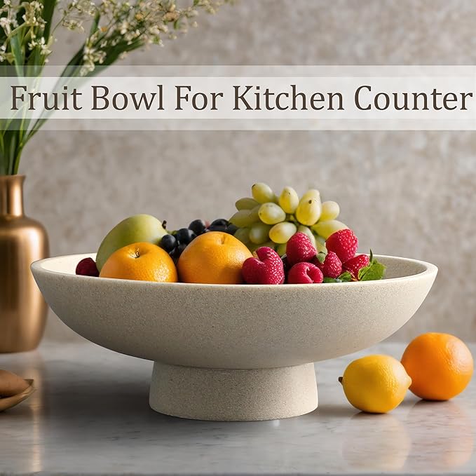 LIN CHUAN Modern Resin Pedestal Bowl – Large Fruit Bowl for Kitchen Counter, Catch All Bowl for Entryway Table, Stylish Key Bowl & Dining Centerpiece, Beige