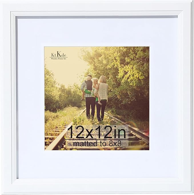 KTKDE 12x12 Picture Frame Real Glass, Display Pictures 8x8 with Mat or 12x12 Without Mat, Modern Style Wood Composite Frame,Gallery Wall Frame Wooden White ，best gift
