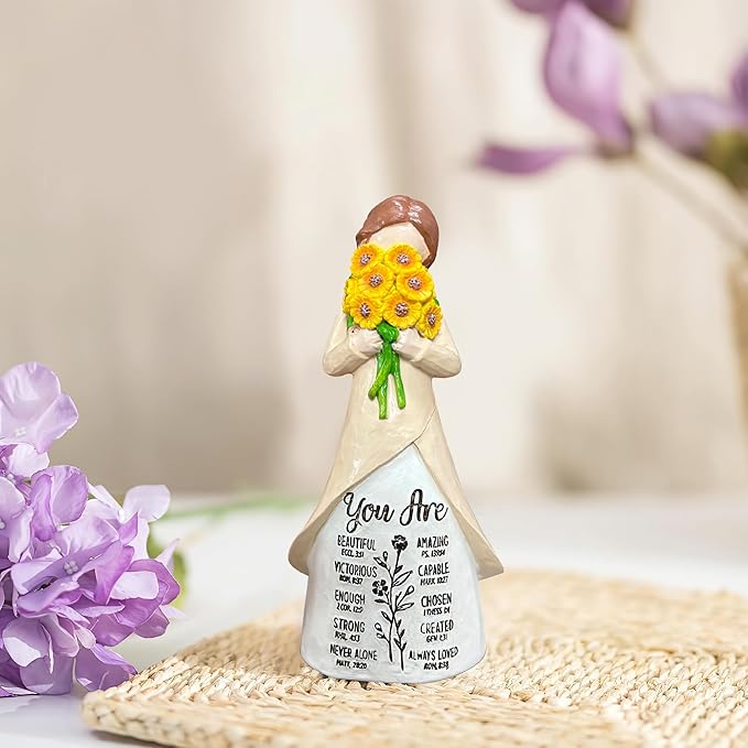 Christian Figurine for Women – “You are” Sunflower Resin Doll with Bible Verses – Hand-Painted Spiritual Statue Decor – Religious Faith Gift for Women – Home & Church Christmas Keepsake