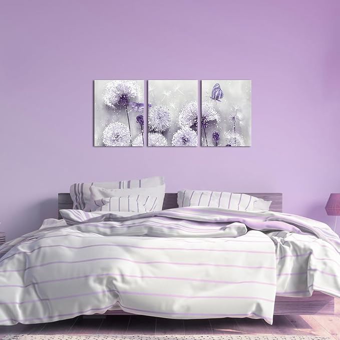 iHAPPYWALL 3 Pieces Lavender Dandelion Canvas Wall Art Abstract Wish Flower Butterfly Picture for Bathroom Bedroom Kitchen Wall Decor Ready to Hang 12x16inchx3pcs (Purple)