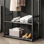 Freestanding Clothing Rack,Metal Garment Rack with Bottom Shelves and 6 Side Hooks,Black Sturdy clothes racks for hanging clothes,Modern Wardrobe Organizer for Bedroom or Closet (L:39.4)