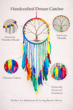 OMA Chakra Rainbow Dream Catcher, Tree of Life Design with Feathers and Beads, Rainbow Suede Authentic Traditional Dream Catcher Boho Home Decor - Large Size - 36" Long x 11" Diameter (Rainbow)
