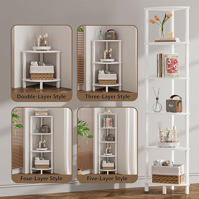 VIMBER Corner Shelf, 6-Tier Corner Bookshelf, Industrial Corner Ladder Shelf, DIY Storage Shelves, Modern Display Shelf for Living Room, Bedroom, Kitchen, Home Office, White UJSJ004W