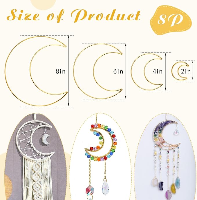 8Pcs Gold Macrame Dream Catcher Rings Metal Hoops DIY Floral Macrame Hoop for Wall Hanging Crafts 4 Size Wreath Ring for Wedding Wreath Decor (Moon)