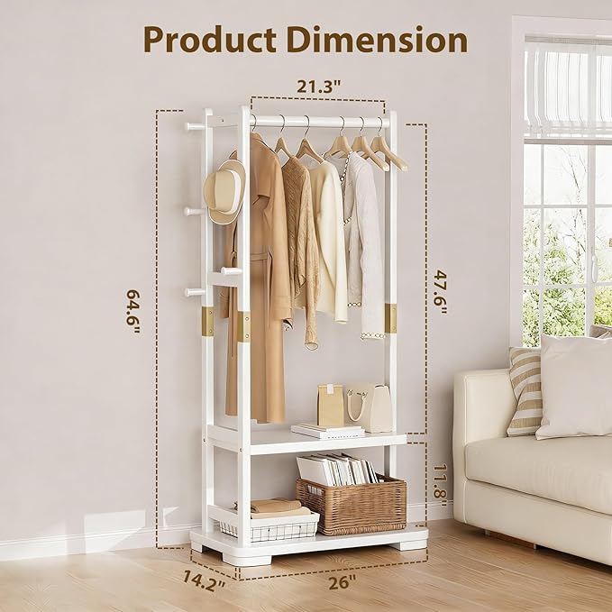 Solid Wood Clothes Rack with 2 Shelves & 4 Hooks for Hanging Clothes Garment Wallets Hats, White Clothing Rack Heavy Duty Coat Rack Freestanding with Storage Hall Tree for Hallway Bedroom Living Room