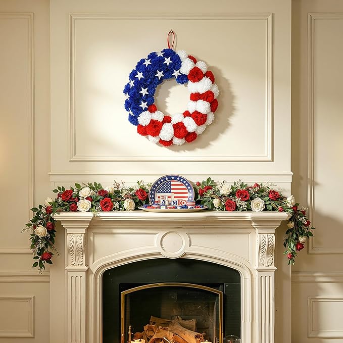 Patriotic Wreath 18 Inch American Flag Wreath for Front Door, Americana Plush Ball Red White and Blue with Stars Decor for 4th of July Memorial Day Veterans Day