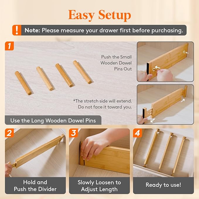 Lifewit 4" High 5 Pack Bamboo Drawer Dividers 43-54cm/17-21.5" Adjustable Wooden Drawer Organizer for Clothes/Utensils, Expandable Drawer Separator for Dresser/Kitchen/Bedroom/Office Organization