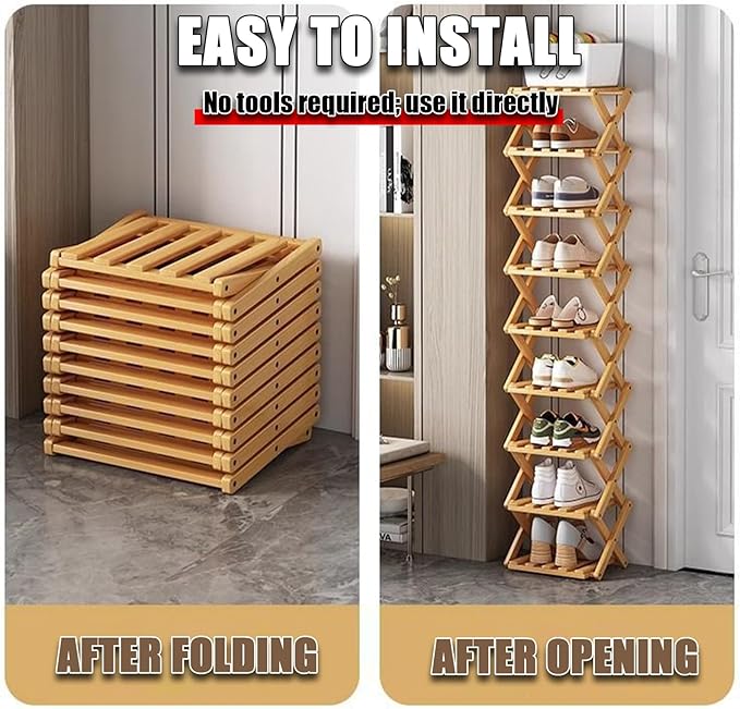 The 9-Tier No-Assembly Bamboo Rack, 2-9 Tier Folding Shoe Storage Rack, Space-Saving Organizer for Shoes, No Assembly Narrow Shoe Shelf for Entryway Closet Dorm (Natural, 7 Tier)
