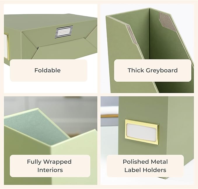 BLU MONACO | Set of 6 Foldable Magazine File Holders in Earth Green | Heavy-Duty Vertical File Organizers with Label Holders | Desk Organizer Set for Paperwork, Documents & Office Storage