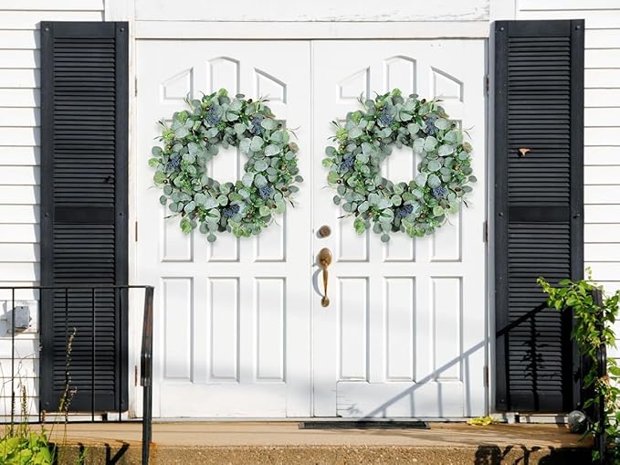 24Inch Eucalyptus Wreath Set of 2, Large Eucalyptus Wreath for Front Door with Olive Leaves and Berries for All Seasons, Spring Summer Year Round Wreaths for Front Door Indoor Outdoor