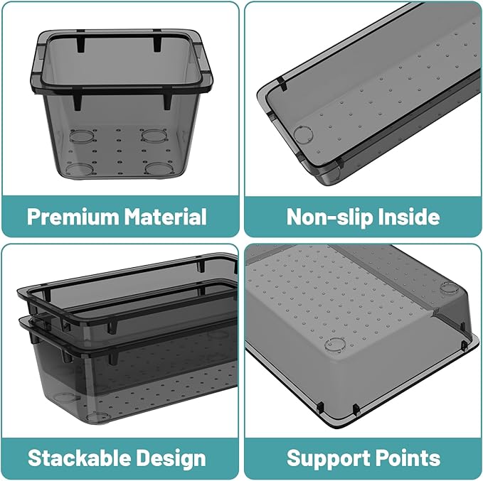WOWBOX 16 PCS Clear Plastic Drawer Organizer Set, 4 Sizes Desk Drawer Organization and Storage Containers for Makeup, Cosmetics, Jewelry and Gadgets in Kitchen, Bathroom, Bedroom, Office, Clear Black