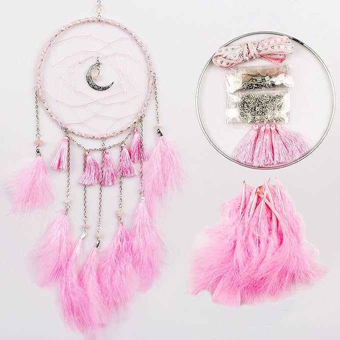 DIY Dream Catcher Kit - Making Dream Catcher Supplies Craft Kit, Handmade Wall Decor for Bedroom, Living Room, Wedding and Party Decoration (Moon-Pink)