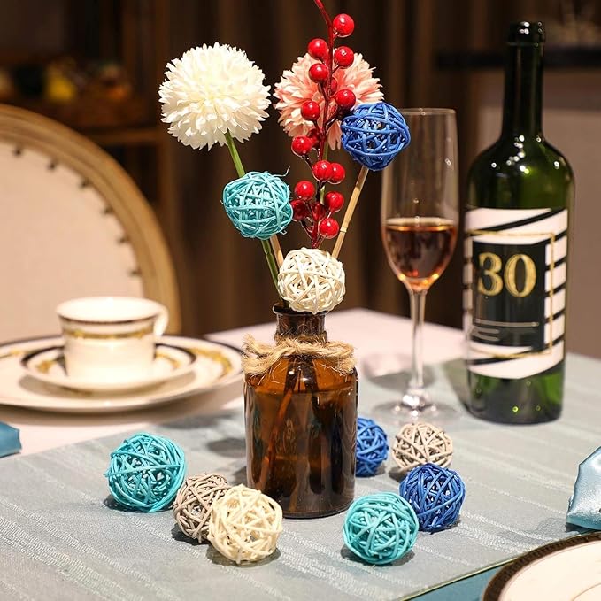 Patelai 36 Pcs Wicker Rattan Balls Decorative Balls for Vase Centerpiece Bowls Orbs Filler for Home Decor,4 Sizes (Dark Blue, Sky Blue, Gray, White,2.4'',2'',1.6'',1.2'')