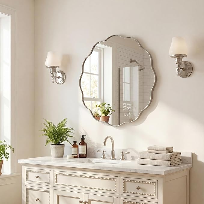 ANDY STAR Brushed Nickel Round Bathroom Mirror, 24 Inch Round Circle Mirror in Stainless Steel Metal Frame, Large Silver Frame with Unique Wavy Design