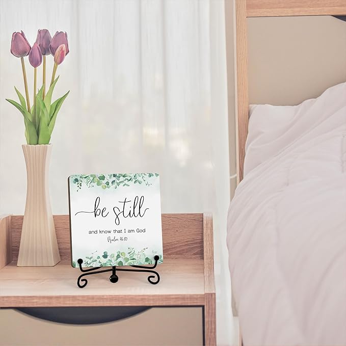 Inspirational Christian Desk Decor, Be Still And Know That I Am God Eucalyptus Sign, Desk Decorations For Office Home Living Room Bathroom, Eucalyptus Shelf Decor, Wooden Plaque With Stand (07)