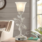 Rustic Touch Table Lamp for Bedroom, 3-Way Dimmable Nightstand Lamp with 2 USB Ports, Retro Vintage White Glass Shade Leaf Desk Lamp for Living Room Entryway, LED Bulb Included