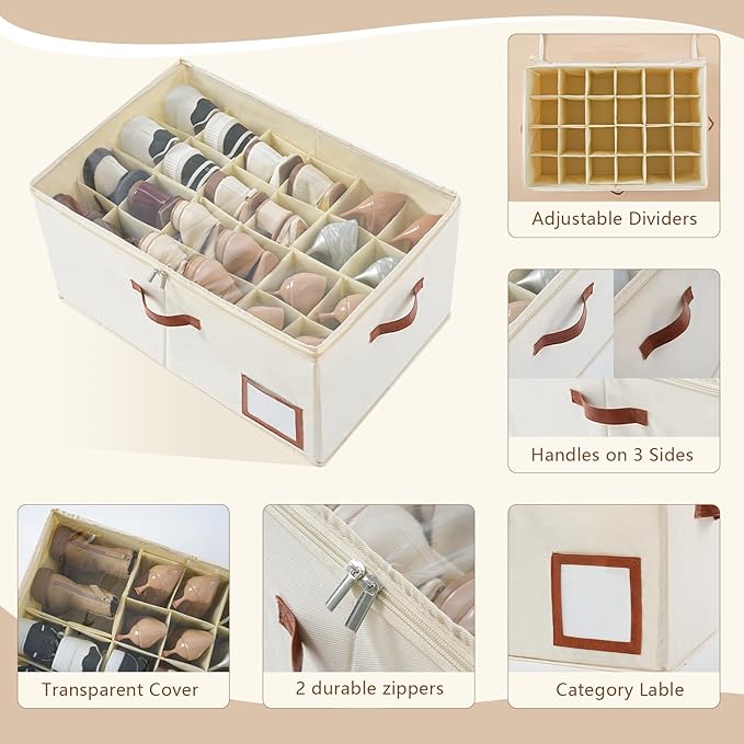 Shoe Organizer for Closet Fit 24 Pairs, Large Foldable Shoe Storage Containers Box Bin w/Adjustable Dividers and Clear Cover, Space Saving Shoe Storage Organizer Box, Beige
