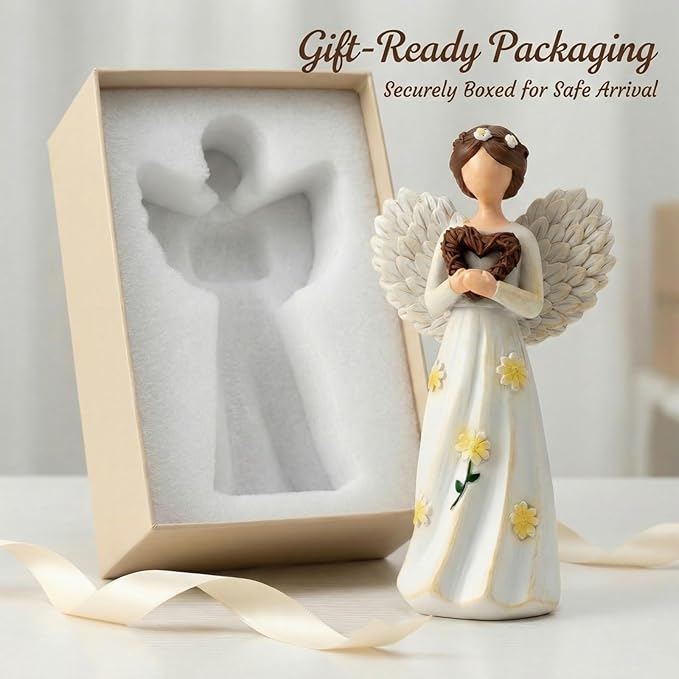 Hand-Painted Guardian Angel Figurine with Heart & Daisy Details – 5.8 Inch Resin Angel Statue for Home Decor – Sympathy, Memorial, & Friendship Gifts for Women, Mom, Grandma, Best Friend
