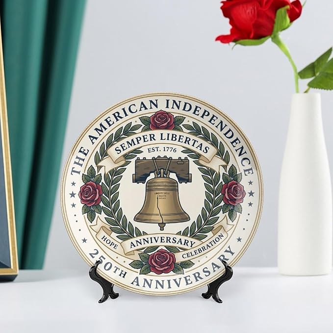 250th Anniversary Decorative Plates 8 Inch Vintage Liberty Bell Patriotic Decorations Commemorative Plates with Stand Memorial Day 4th of July Veterans Day Home & Office