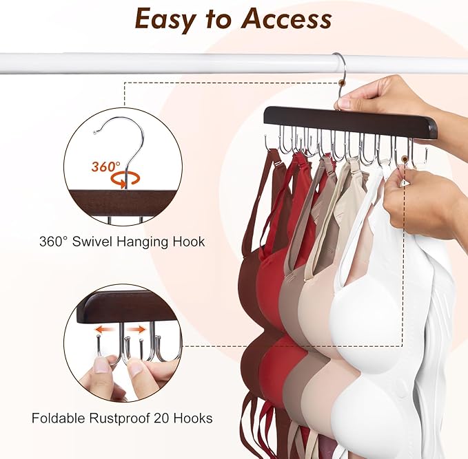 HOUSE DAY Belt Hanger for Closet 1 Pack, 20 Hooks Bra/Tie/Tank Top Hanger, Space Saving Hangers Storage Max 20 Belts/Ties, Sturdy Wooden Belt Rack Closet Accessories