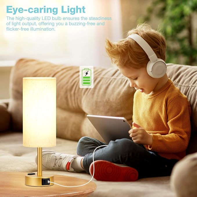 Fenmzee Gold Nightstand Bedroom Lamp - 3 Way Dimmable Bedside Lamp USB C A Charging Ports and AC Outlet, Small Table Lamp Linen Lampshade for Office Desk, LED Bulb Included