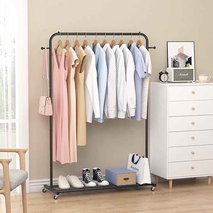 Sywhitta Clothing Rack on Wheels with Mesh Storage Shelf & Sturdy Metal Frame, Rolling Garment Rack for Hanging Clothes, Coats, Skirts, 39.76" L x 16" W x 64.56" H,Black
