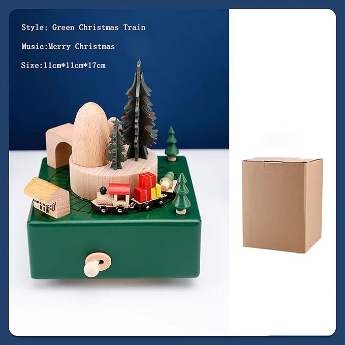Natural Solid Wood Handcrafted Beech Wooden, Musical FigureTotoro/Carousel/Fairy/Ballerina Figurine,Rotating Hand Crank Mechanism Music Box,Musical Decorations (Green Christmas Train)