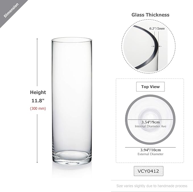 WGVI Quality Thick Weighted Clear Cylinder Glass Vases, 4" W x 12" H, Flower Arrangement Floating Candle Holders Wedding Centerpiece Terrarium Planter Floral Storage Container, Bulk Wholesale, 12 Pcs