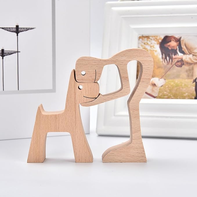 ISHINE Wood Decor Wooden Statue Man and Dog Figurine Handmade Carved Creative Home Office Gift for Men Women Accents Decoration Natural ECO Friendly 7x3 inches (B-Man Kisses Dog)