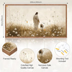 KAIRNE Jesus Canvas Wall Art,Lost Sheep Prints,Neutral Beige Wildflower Wall Decor,Framed Christian Scripture Wall Art,Religious Inspirational Artwork for Living Room Bedroom Church Decor,20X40 inch