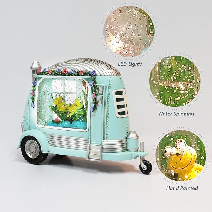Spring Camper Water Globe with Frogs 6.75” Acrylic Snow Globe LED Lights Water Spinning Glitter Battery Operated Easter Spring Home Decoration