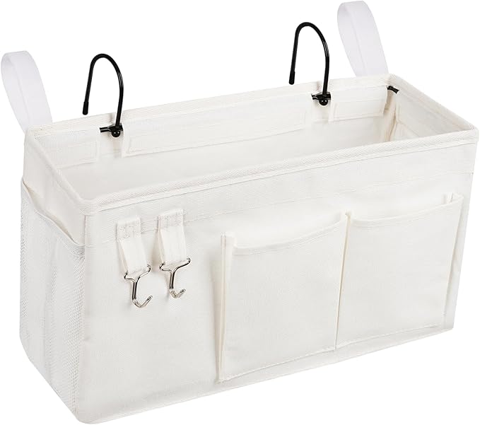 Loghot Bedside Caddy/Bedside Storage Bag Hanging Organizer for Bunk and Hospital Beds,Dorm Rooms Bed Rails,Can be Placed Glasses,Books,Mobile Phones,Keys (White)