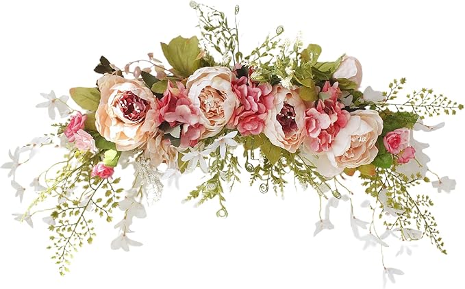 IUIBMI 29.5 inch Wedding Arch Flowers, Spring Decorative Peony Swags with Green Leaves Rustic Artificial Floral Swag Peony Door Wreath for Front Door Wedding Arch Wall Decor (A)
