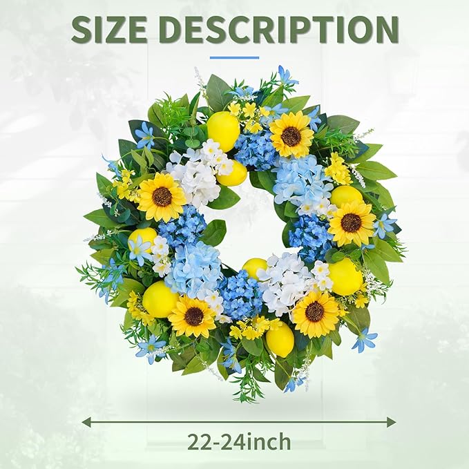 24in Spring Summer Wreaths for Front Door, Artificial Sunflower Lemon Wreath with Blue Hydrangeas, Luxury Colorful Floral Wreath for Indoor Outdoor Farmhouse Home Wall Porch Window Summer Wreath