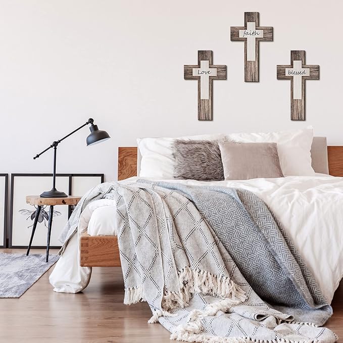 Yalikop 3 Pieces Wooden Cross Wall Decor Christians Cross Sign Faith Love Blessed Wooden Decoration Rustic Vintage Wall Art Religious Hanging Sign Inspirational Farmhouse Home Hanging Decor