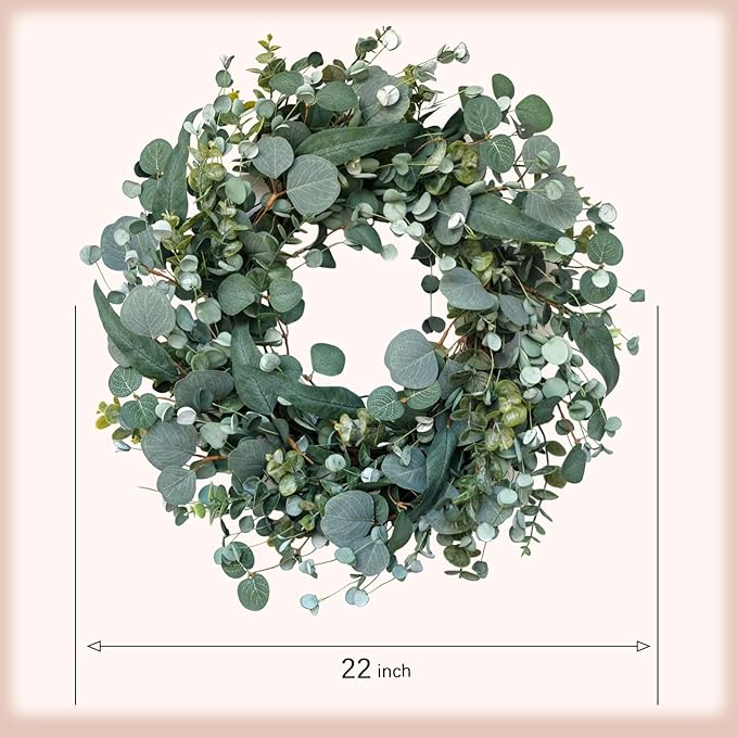22" Eucalyptus Wreath, Year Round Wreaths for Front Door, Spring Summer Wreath with Green Faux Eucalyptus, All Seasons Evergreen Decor for Inside Farmhouse Festival Celebration Party