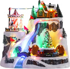 WONDER GARDEN Christmas Village Houses-Christmas Houses Village - Lighted Musical Ski Resort Collectible Buildings with Moving Train, Rotating Tree and Carousel for Indoor Decor or Gift