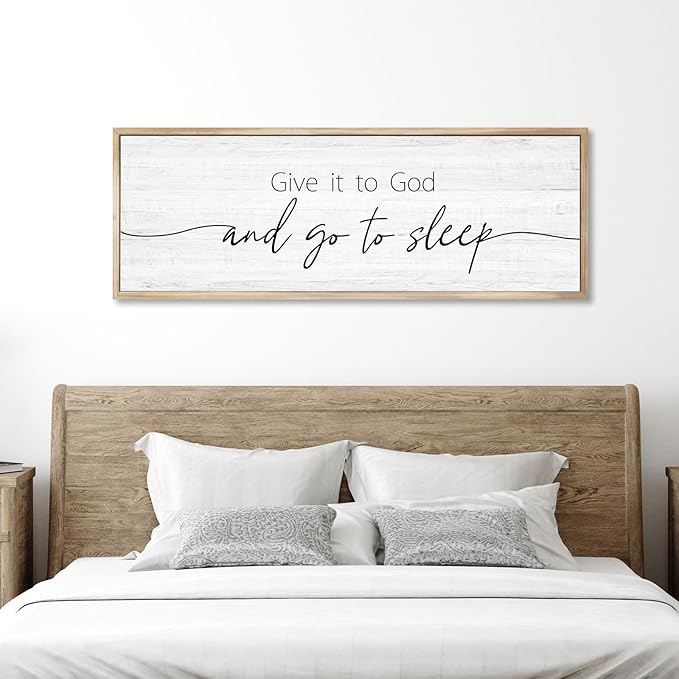 Give It to God and Go to Sleep Sign Framed Large 41''×15'' Above Bed Wall Decor for Bedroom Farmhouse Wall Decor Guest Room Decor Rustic Master Bedroom Wall Decoration Wood Wall Art (brown frame)