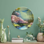 Decorative Plates for Home Decor, Spring Forest Painting Pink Blue Green Decor Tray for Table Display, Ceramic Dinner Plate w/Stand, Living Room Dining Room Decor, Housewarming Gifts, 6 Inch