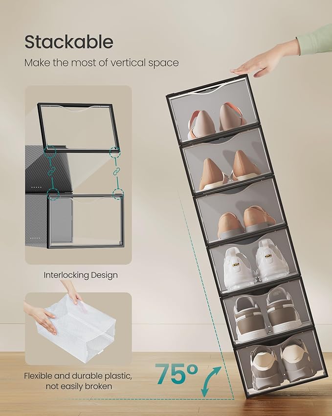 SONGMICS Shoe Boxes, Shoe Storage Organizers Rack for Closet, Plastic Stackable Sneaker Containers Case, 12 Pack, Transparent and Ink Black ULSP312B01