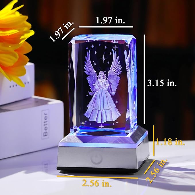 YWHL 3D Crystal Guardian Angel Figurine with Colorful Light Base, Laser Engraved Glass Angel Gifts, Collectible Figurines