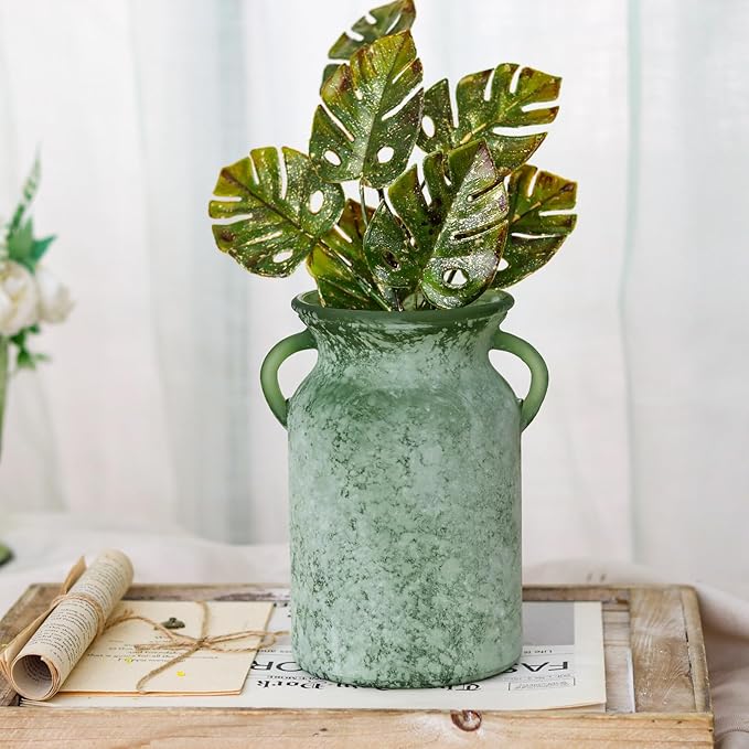 Glass Flower Vase with Handle – 8 Inches Rustic Imitation Ceramic Vase for Flowers, Vintage White Green Centerpiece Decor for Farmhouse, Modern Home, Table & Holiday Decorations