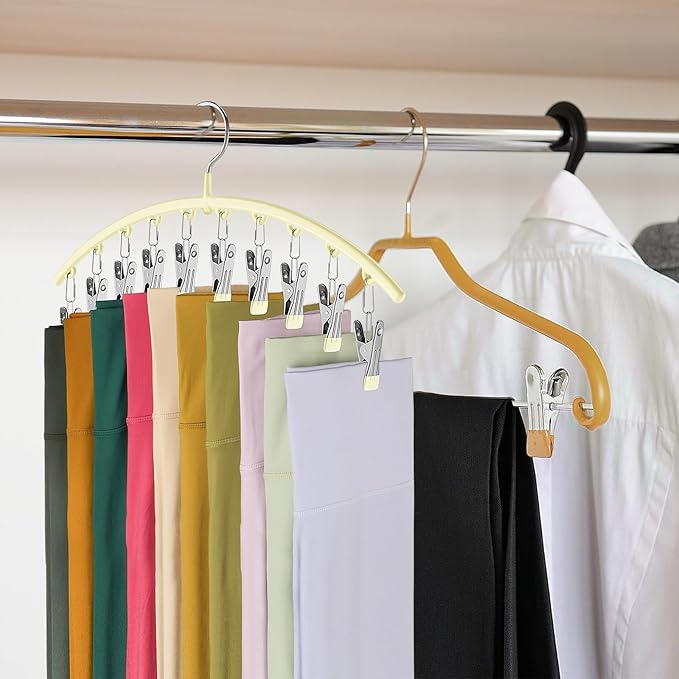 Legging Organizer for Closet, Metal Yoga Pants Hangers 4 Pack w/10 Clips Holds 40 Leggings, Space Saving Hanging Closet Organizer w/Rubber Coated Closet Organizers and Storage, Ivory