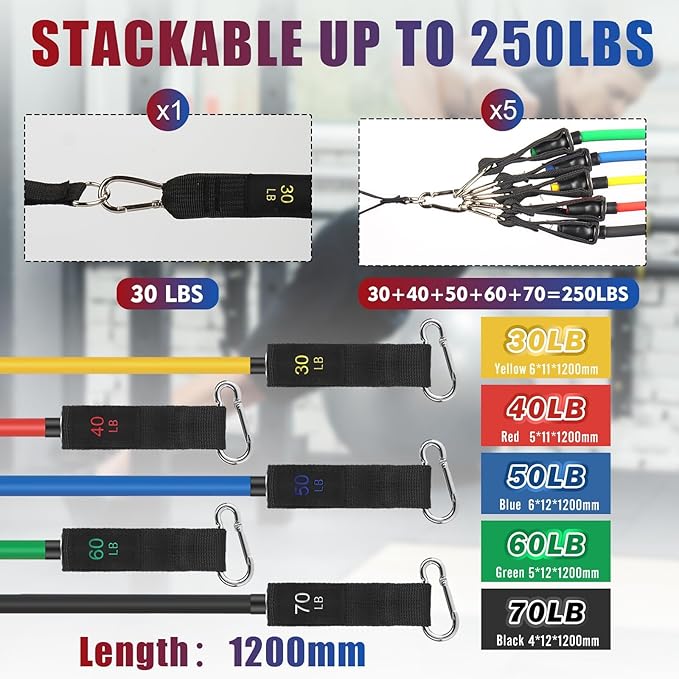 Exercise Resistance Bands with Handles for Working Out, 150/200/250/300 Lbs Workout Bands Set with Door Anchor for Physical Therapy, Yoga, Pilates